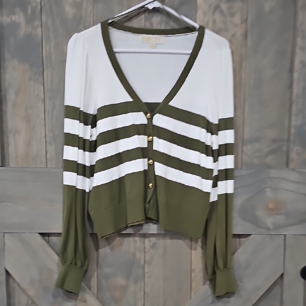 Green and White Striped Cardigan